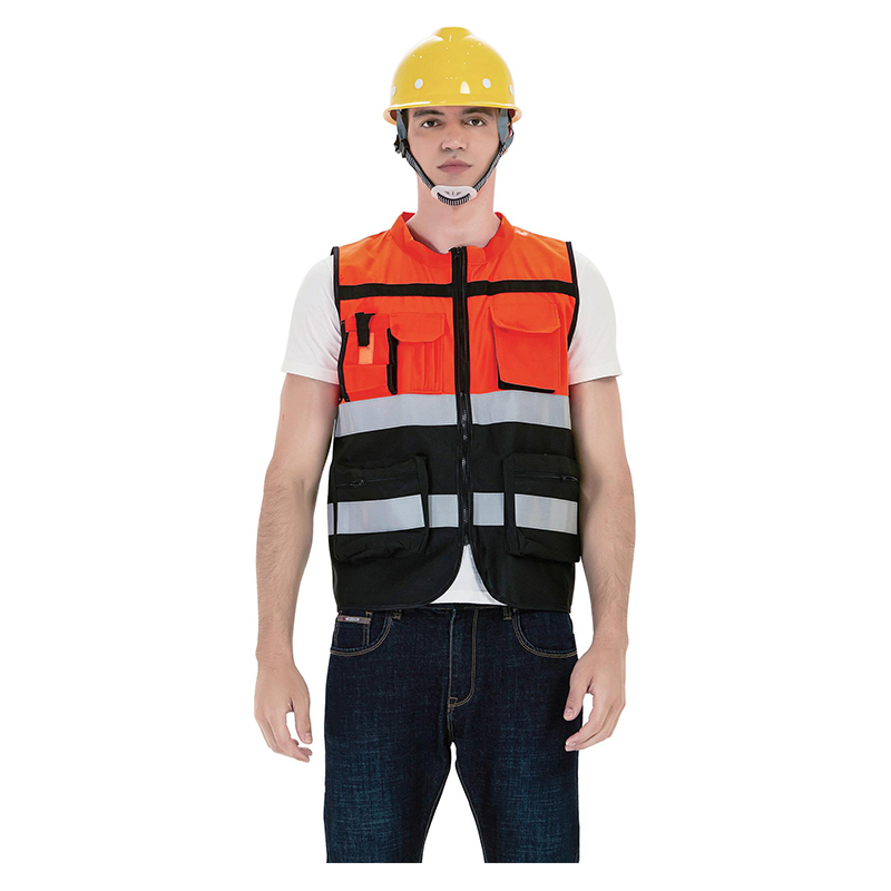 Reflecterend vest met twee stangen en meerdere zakken met kleurblokkering en ritssluiting